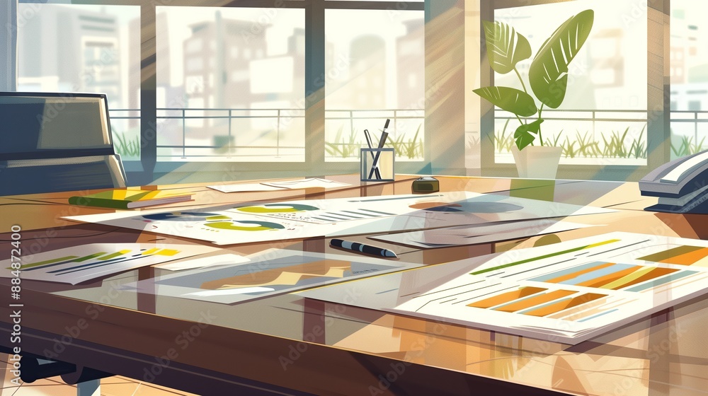 Poster a highly detailed illustration of a business report featuring various graphs and charts on a sleek d