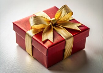 Obraz premium Elegant red gift box with intricately designed golden ribbon and bow, perfectly wrapped and set against a soft, creamy white background with subtle shading.