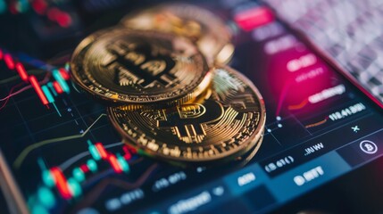 Bitcoin Blockchain Cryptocurrency Technology on the mobile phone, Digital Background