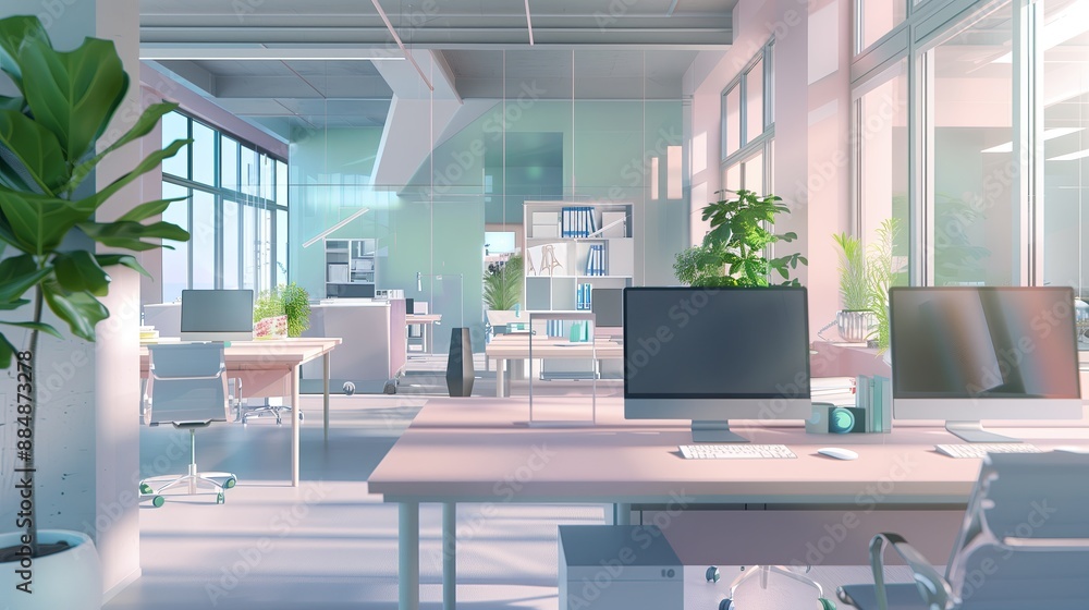 Poster a realistic of a modern office interior designed in pastel tones. the office features sleek desks wi