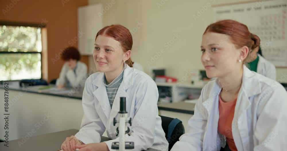 Poster Happy girl, students and hand with question in classroom for science, FAQ or feedback in forensics. Female person, friends or young scientists in class with interaction or engagement for exam or test