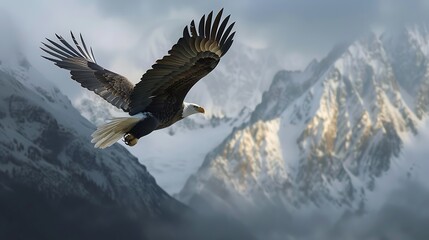 Bald Eagle Soaring Over Snow-Capped Mountains