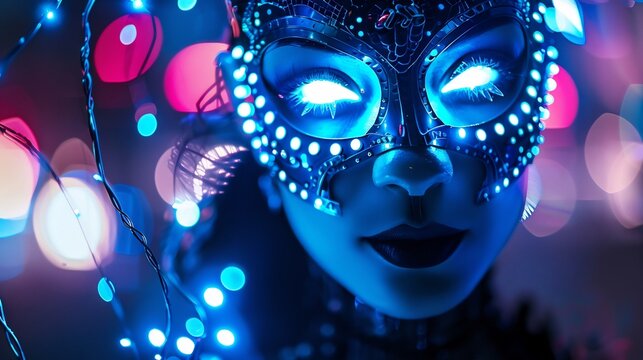 Mysterious beautiful woman with futuristic mask and shining eyes.