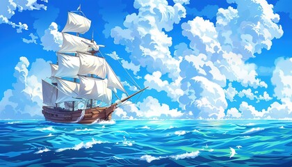pirate ship on ocean anime cartoon, cartoon anime style