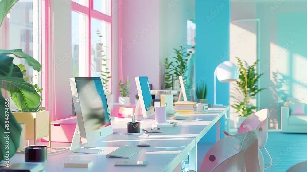 Poster a vibrant capturing the interior of a modern office in pastel tones. the workspace is filled with sl