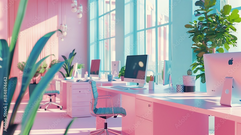 Poster a vibrant capturing the interior of a modern office in pastel tones. the workspace is filled with sl