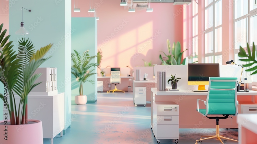 Poster a vibrant capturing the interior of a modern office in pastel tones. the workspace is filled with sl