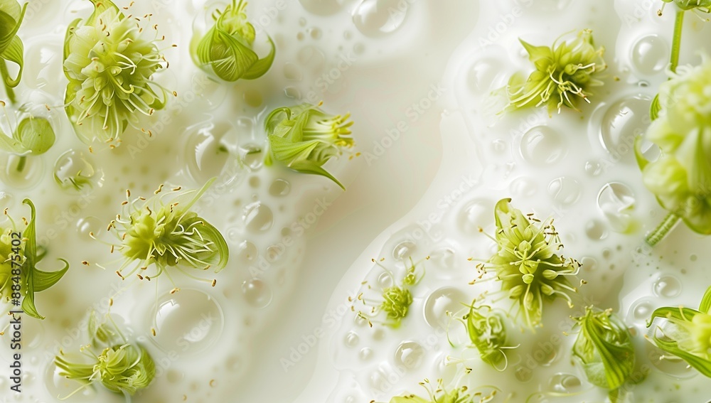 Poster a close up of milk with small green flowers floating in it, creating an abstract background with a w