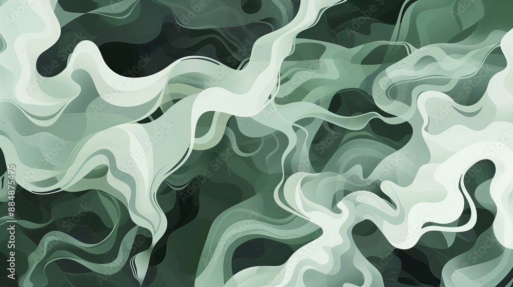 Poster an illustration in flat style featuring billows of smoke artistically lit in gray and green hues aga
