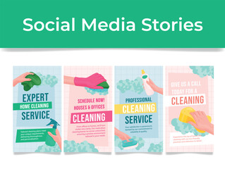Professional cleaning service advertising social media stories design template set isometric vector