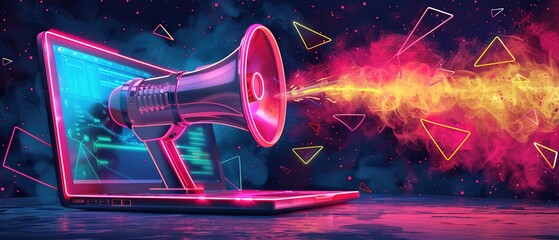 Illustration of megaphone on laptop screen, dark background with colorful neon lights