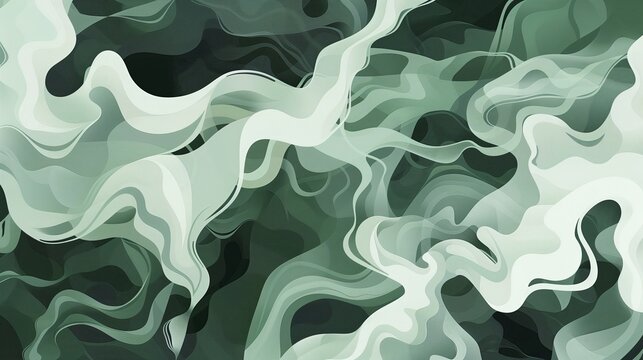 An illustration in flat style featuring billows of smoke artistically lit in gray and green hues against an abstract backdrop. The smoke forms intricate patterns and shapes,