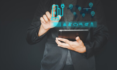 electric vehicle charging station for charging EV batteries. Plug for vehicle with electric engine.  EV charging station for electric vehicles in green energy and eco
