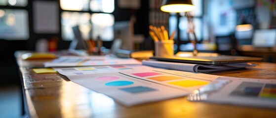 Close-up of a branding strategist's desk with brand identity guidelines and market research reports, symbolizing a job in branding strategy 