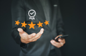 Customer Satisfaction Survey concept, 5-star satisfaction, service experience rating online application, customer evaluation product service quality, satisfaction feedback review, good quality most.
