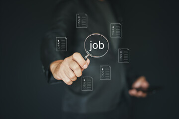Job search, find your career, Job recruit employee, Human Resources HR management Recruitment Employment Headhunting, man use magnifier search and select job applicants in process, selecting people.
