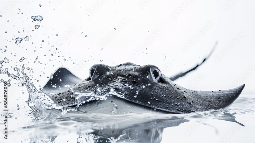 Poster an intense graph of a stingray attacking, tail barbed and eyes focused, on a pristine white backgrou