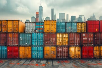 Colorful shipping containers stacked at a port with a city skyline in the background under a cloudy sky, symbolizing trade and logistics.