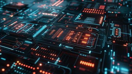 Obraz premium Abstract glowing blue and orange circuit board. Futuristic technology concept with copy space.