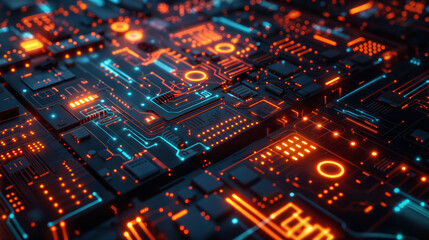 Fototapeta premium Abstract glowing blue and orange circuit board. Futuristic technology concept with copy space.