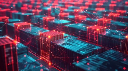 Obraz premium Digital data storage concept with interconnected servers glowing in red and blue lights, representing modern technology and information networks.