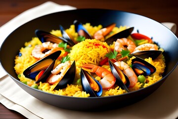 Seafood Paella A colorful pan of seafood paella with shrimp, mussels, and saffron rice.