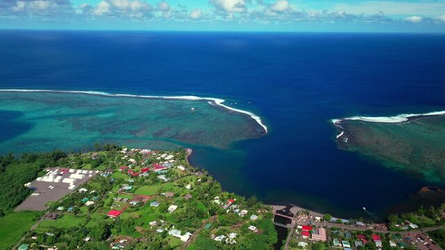 Teahupoo Tahiti French Polynesia aerial drone Papeete morning sunny sunshine boat bay channel coral reef Paris Olympics 2024 surf surfer surfer venue new judge tower pedestrian bridge down forward