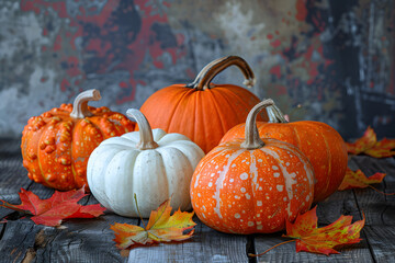 Four pumpkins and fall leaves on a wood table