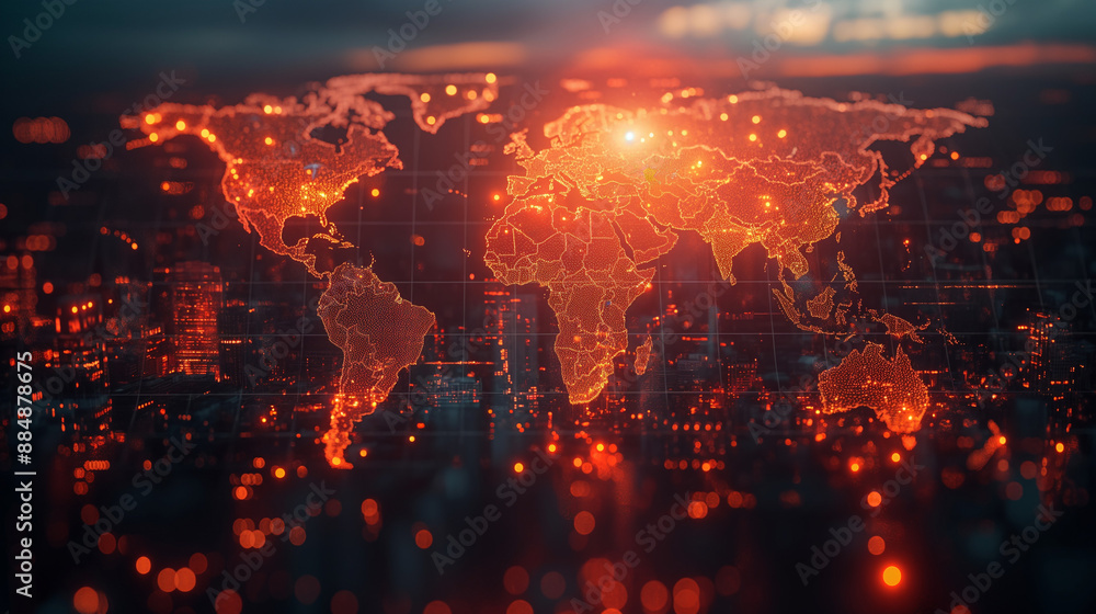 Poster double exposure of abstract digital world map hologram on blurry office buildings background, big da