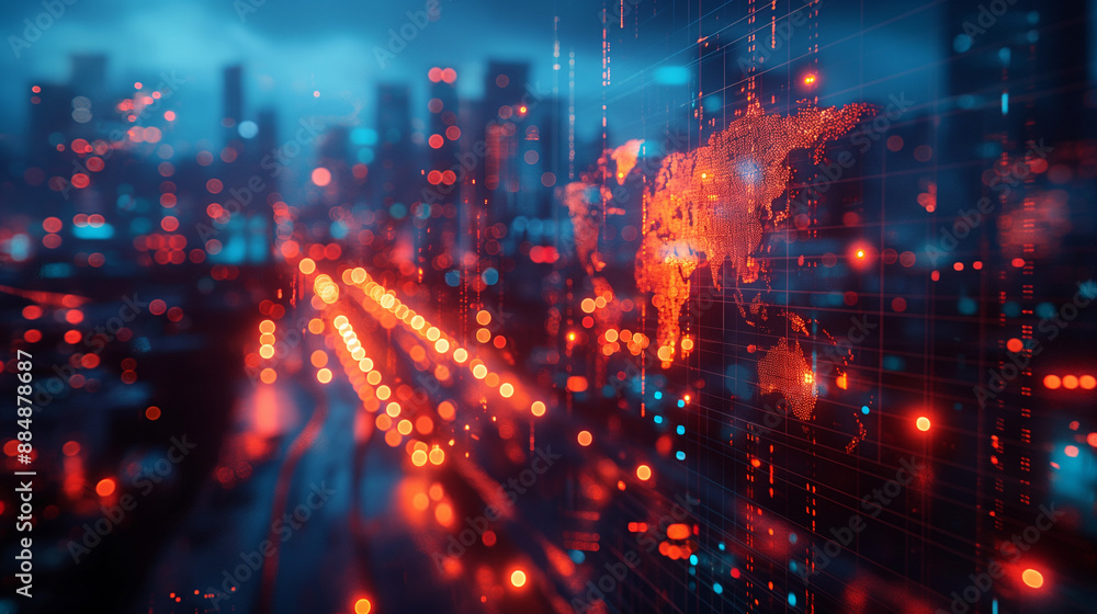 Poster double exposure of abstract digital world map hologram on blurry office buildings background, big da