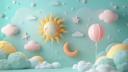 Cute Sun and Moon in a Dreamy Sky.