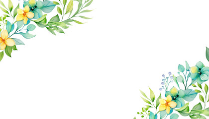 Watercolor of Tropical spring floral green leaves and flowers s isolated on transparent png background, Corner border 
