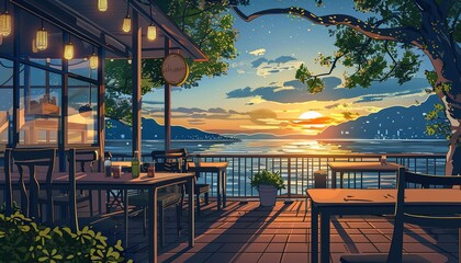 table at cafe with a lake view sunset Lofi anime style cartoon