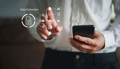 Cyber security network. Data protection concept. Businessman using laptop computer with digital padlock on internet technology networking with cloud computing and data management, cybersecurity
