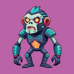 cartoon illustration of mecha robotic monkey, zombie monkey, flat vector illustration