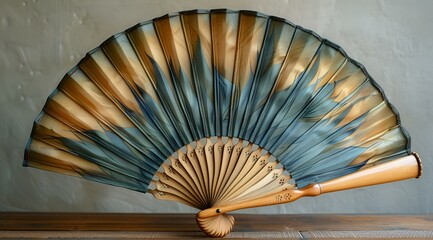  Blue and gold designed fan on a white background.
