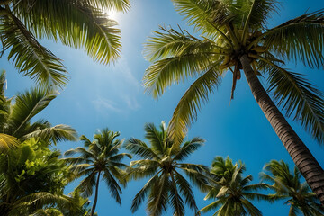 Low angle view of the blue sky through coconut trees