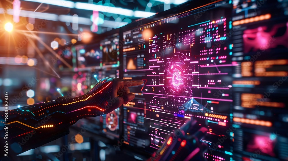 Poster futuristic cybersecurity concept with a hand interacting with advanced digital screens displaying da