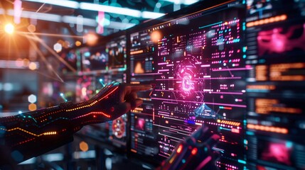 Futuristic cybersecurity concept with a hand interacting with advanced digital screens displaying data and high-tech graphics.