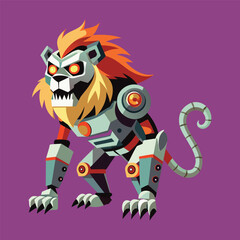 cartoon illustration of mecha robotic lion, zombie lion, flat vector illustration