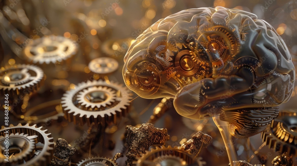 Poster digital rendering of gears meshed inside a human brain, representing the synergy of technology and c
