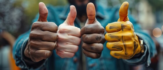 Closeup of hands giving a thumbs up, diverse backgrounds