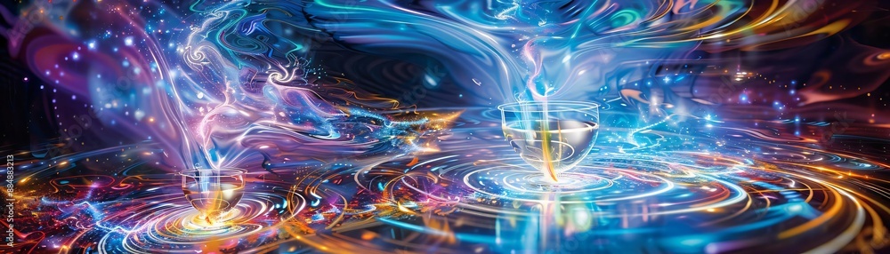 Poster colorful digital abstract art depicting vibrant energy waves and light patterns in a mesmerizing fut