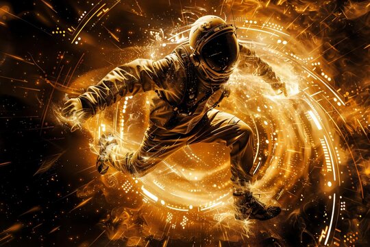 Futuristic astronaut in a golden space suit navigating through a cosmic vortex of light and energy, symbolizing exploration and adventure.