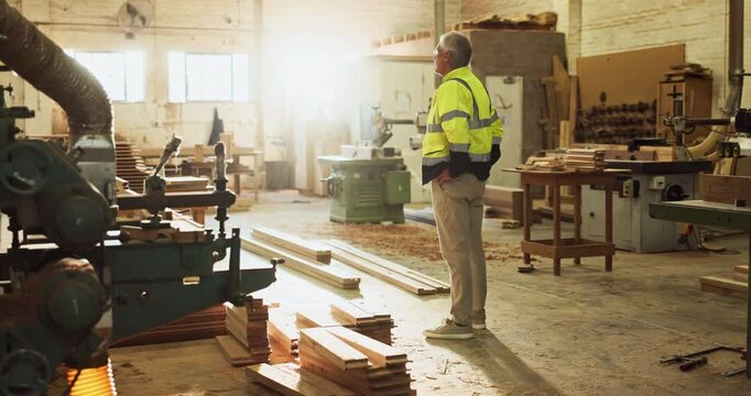 Man, carpenter and thinking in workshop for production, construction and maintenance. Wood, handyman and ideas for project, renovations and development or career in factory for small business