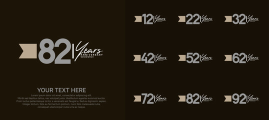 anniversary logotype set. grey number and brown ribbon for celebration