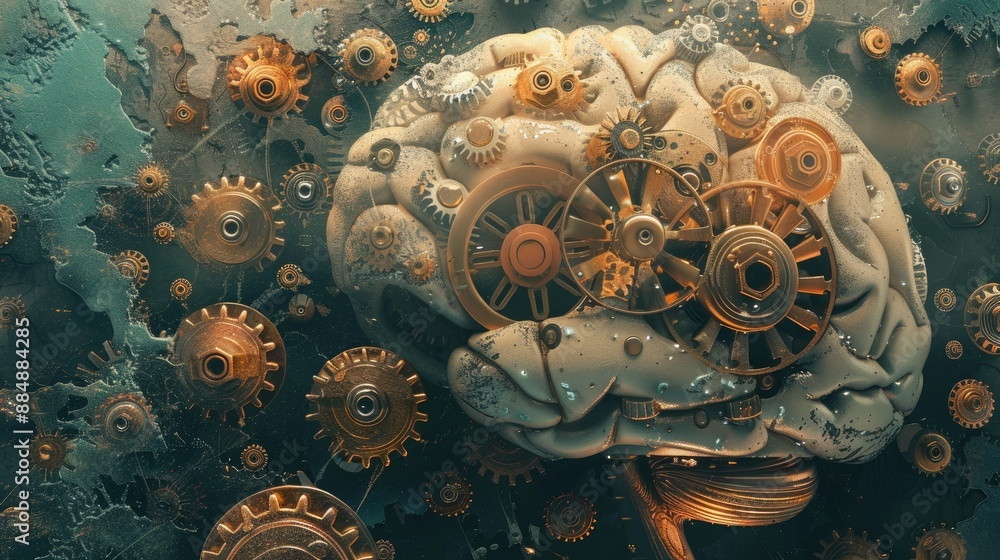 Poster digital rendering of gears meshed inside a human brain, representing the synergy of technology and c