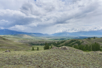 Naklejka premium Picturesque view of the valley in cloudy weather. Mountain Altai.