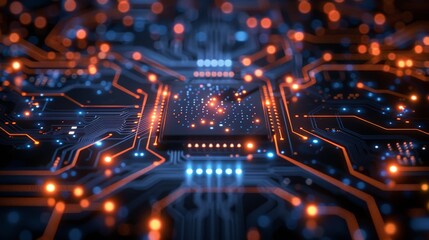 Digital circuit board in neon light. PCB background. Computer board.