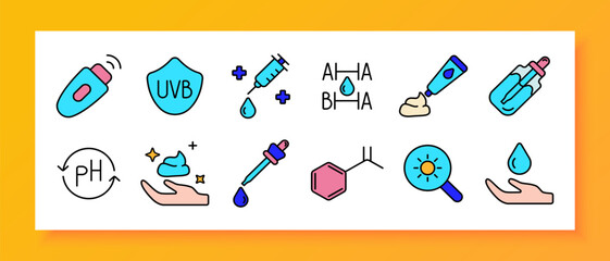 Skincare icon set. UV shield, syringe, cream, AHAs, BHAs, pH balance, hydration, skincare dropper, molecule, sun protection.
